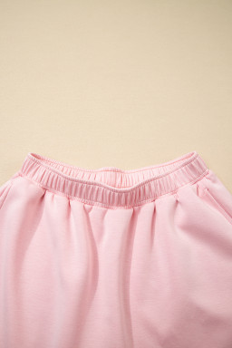 Light Pink Puff Sleeve Pearl Embellished Scallop Hem 2-Piece Shorts Set