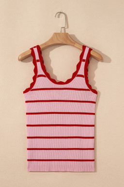 Rose Stripe Scalloped Edge Ribbed Tank Top