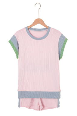 Light Pink Colorblock Corded Short Sleeve Boxy Top and Shorts Set