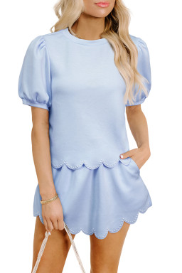 Beau Blue Puff Sleeve Pearl Embellished Scallop Hem 2-Piece Shorts Set