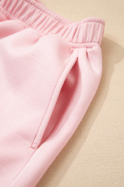 Light Pink Puff Sleeve Pearl Embellished Scallop Hem 2-Piece Shorts Set