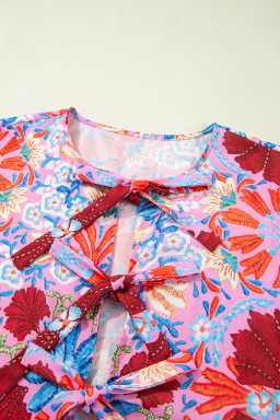 Rose Floral Print Tie Front High Waist Loose Midi Dress