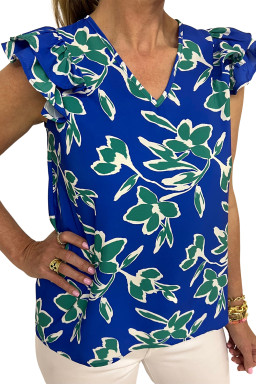 Blue V Neck Floral Print Ruffle Short Sleeve Blouse