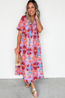 Rose Floral Print Tie Front High Waist Loose Midi Dress