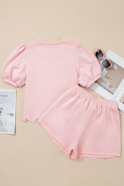 Light Pink Puff Sleeve Pearl Embellished Scallop Hem 2-Piece Shorts Set