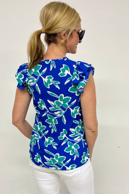 Blue V Neck Floral Print Ruffle Short Sleeve Blouse