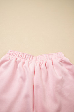 Light Pink Puff Sleeve Pearl Embellished Scallop Hem 2-Piece Shorts Set