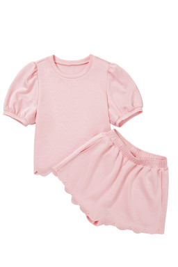 Light Pink Puff Sleeve Pearl Embellished Scallop Hem 2-Piece Shorts Set