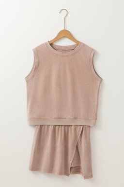 Smoke Gray 2 Pieces Mineral Wash Cotton Tank Top Lined Split Skort Set