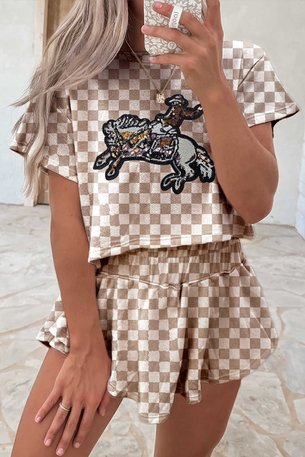 Brown Checkered Rodeo Sequins Patch Graphic Cropped Tee and Skort Set