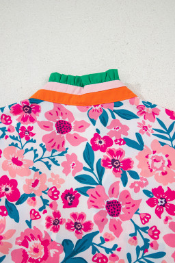 Pink Floral Print Striped Trim Puff Sleeve Blouse