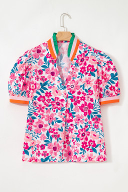 Pink Floral Print Striped Trim Puff Sleeve Blouse