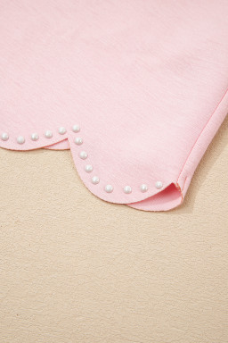 Light Pink Puff Sleeve Pearl Embellished Scallop Hem 2-Piece Shorts Set