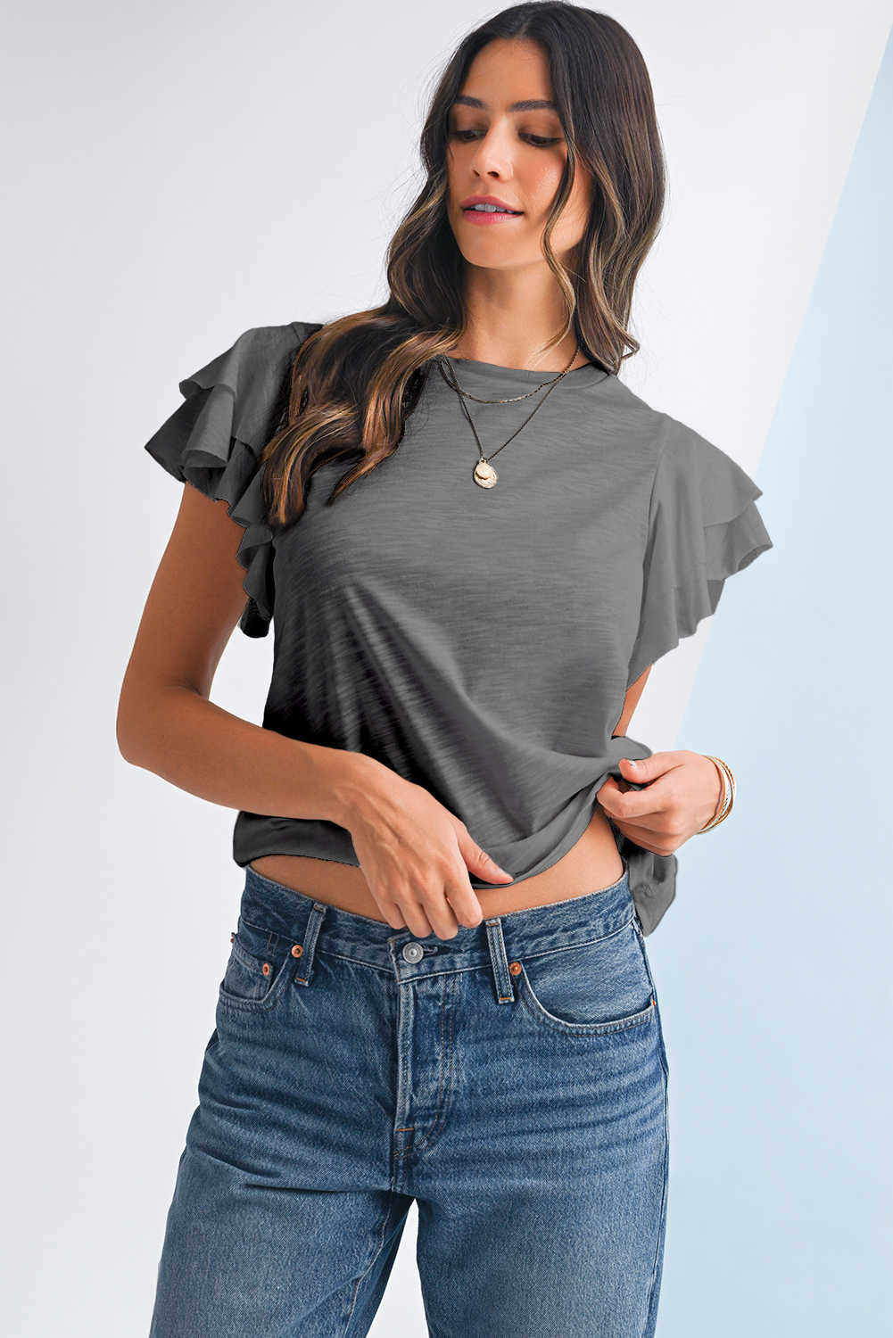 Dark Grey Ruffle Sleeve Plain Blouse