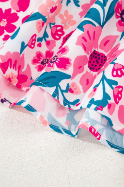 Pink Floral Print Striped Trim Puff Sleeve Blouse
