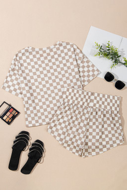 Brown Checkered Rodeo Sequins Patch Graphic Cropped Tee and Skort Set