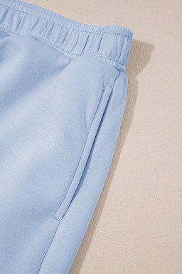 Beau Blue Puff Sleeve Pearl Embellished Scallop Hem 2-Piece Shorts Set