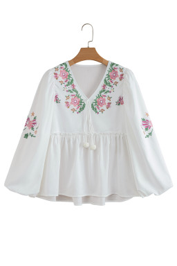 White Flower Lace-up V Neck Flowy Babydoll Blouse