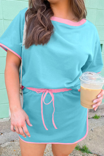 Turquoise Plus Size Contrast Trim T Shirt and Skort Two Piece Set