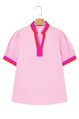 Pink Puff Sleeve Pop of Color Neckline Blouse