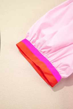 Pink Puff Sleeve Pop of Color Neckline Blouse