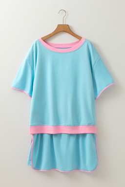 Turquoise Plus Size Contrast Trim T Shirt and Skort Two Piece Set