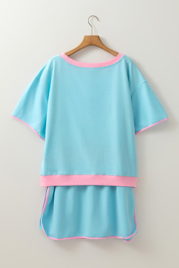 Turquoise Plus Size Contrast Trim T Shirt and Skort Two Piece Set