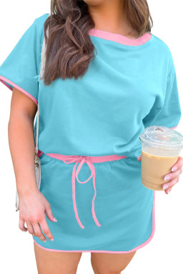 Turquoise Plus Size Contrast Trim T Shirt and Skort Two Piece Set
