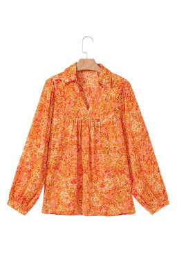 Orange Abstract Print Loose Fit Collared V Neck Babydoll Blouse