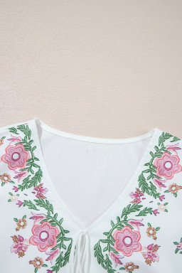 White Flower Lace-up V Neck Flowy Babydoll Blouse