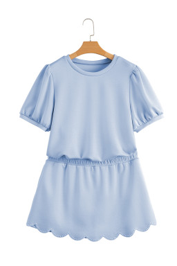 Beau Blue Puff Sleeve Pearl Embellished Scallop Hem 2-Piece Shorts Set