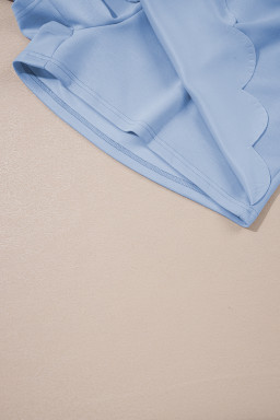 Beau Blue Puff Sleeve Pearl Embellished Scallop Hem 2-Piece Shorts Set