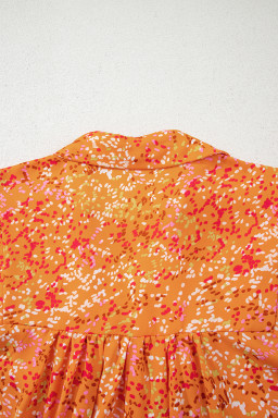 Orange Abstract Print Loose Fit Collared V Neck Babydoll Blouse