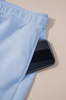 Beau Blue Puff Sleeve Pearl Embellished Scallop Hem 2-Piece Shorts Set