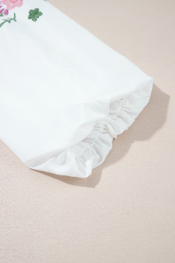 White Flower Lace-up V Neck Flowy Babydoll Blouse