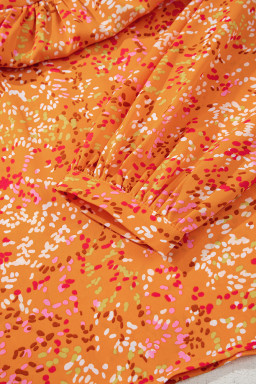 Orange Abstract Print Loose Fit Collared V Neck Babydoll Blouse