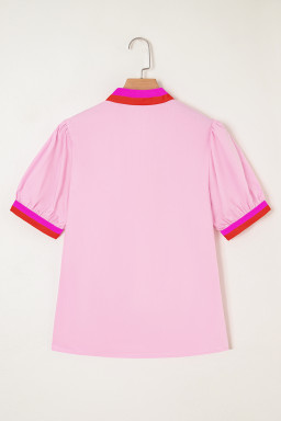 Pink Puff Sleeve Pop of Color Neckline Blouse