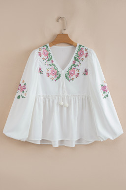 White Flower Lace-up V Neck Flowy Babydoll Blouse