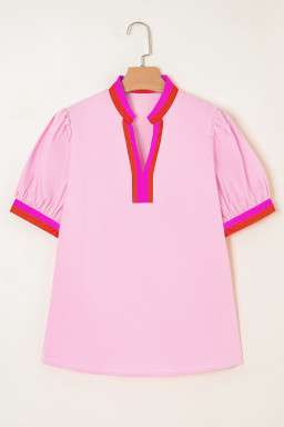 Pink Puff Sleeve Pop of Color Neckline Blouse