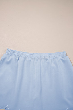 Beau Blue Puff Sleeve Pearl Embellished Scallop Hem 2-Piece Shorts Set