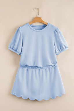 Beau Blue Puff Sleeve Pearl Embellished Scallop Hem 2-Piece Shorts Set