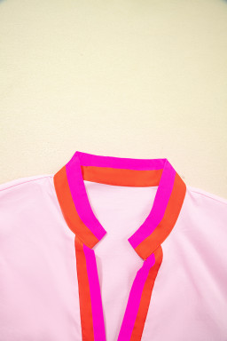 Pink Puff Sleeve Pop of Color Neckline Blouse