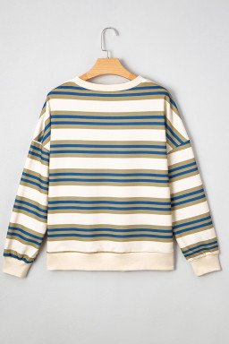 Khaki Striped Crew Neck Drop Shoulder Pullover Sweatshirt