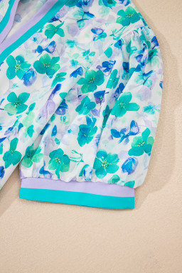 Green Floral Print Pop of Color V Neck Puff Short Sleeve Blouse