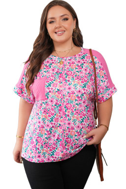 Pink Plus Size Floral Print Corded Patchwork Loose Top