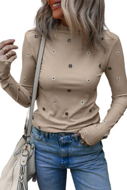 Jet Stream Floral Embroidered Detail Ribbed Long Sleeve Top