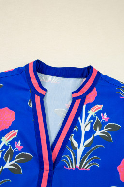 Blue Floral Print Pop Of Color V Neck Puff Sleeve Blouse