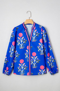 Blue Floral Print Pop Of Color V Neck Puff Sleeve Blouse