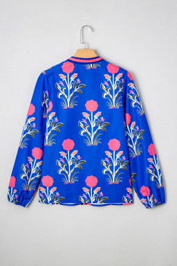 Blue Floral Print Pop Of Color V Neck Puff Sleeve Blouse