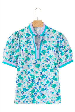 Green Floral Print Pop of Color V Neck Puff Short Sleeve Blouse